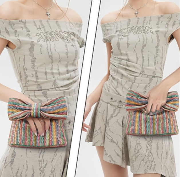 Adorable Bow-Shaped Straw Mini Clutch - Style & Charm in One!