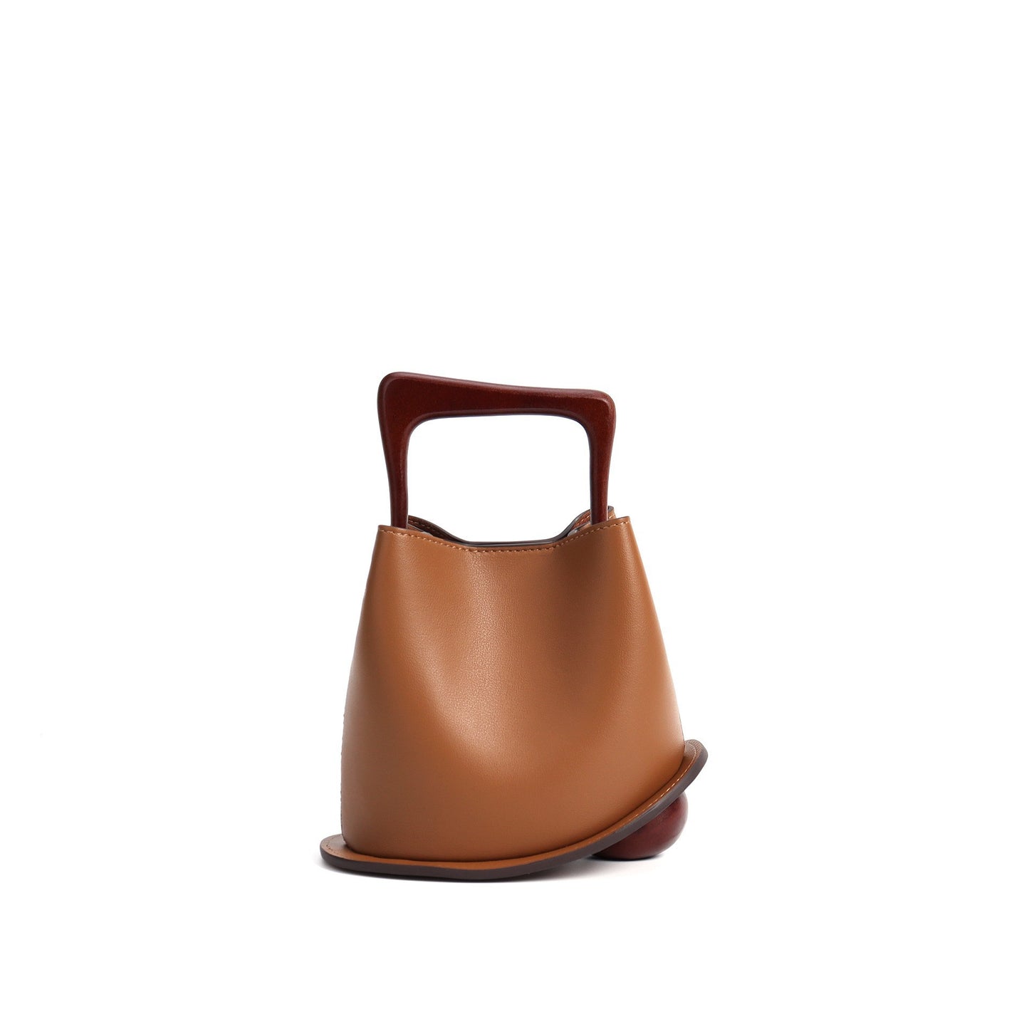 Top Handle Leather Bucket Bag (Wooden Handle)