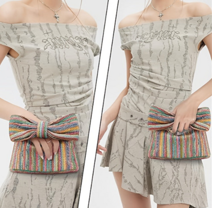 Adorable Bow-Shaped Straw Mini Clutch - Style & Charm in One!