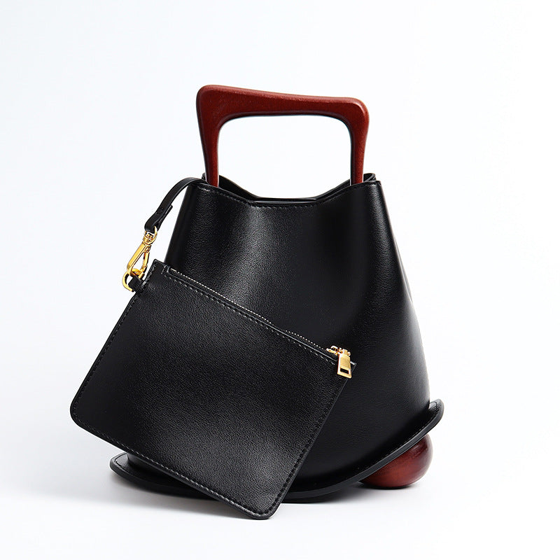 Top Handle Leather Bucket Bag (Wooden Handle)