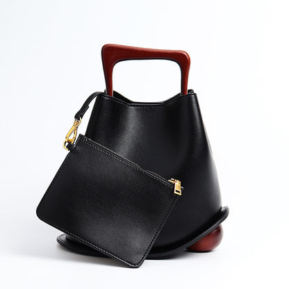 Top Handle Leather Bucket Bag (Wooden Handle)