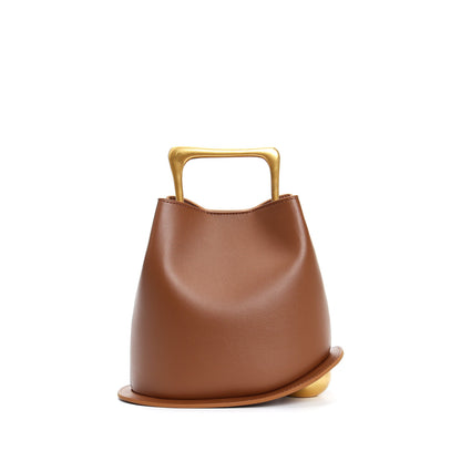 Top Handle Leather Bucket Bag (Wooden Handle)