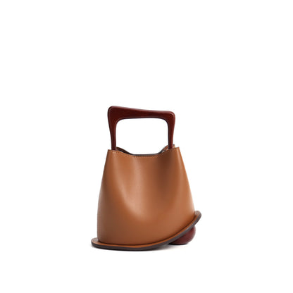 Top Handle Leather Bucket Bag (Wooden Handle)