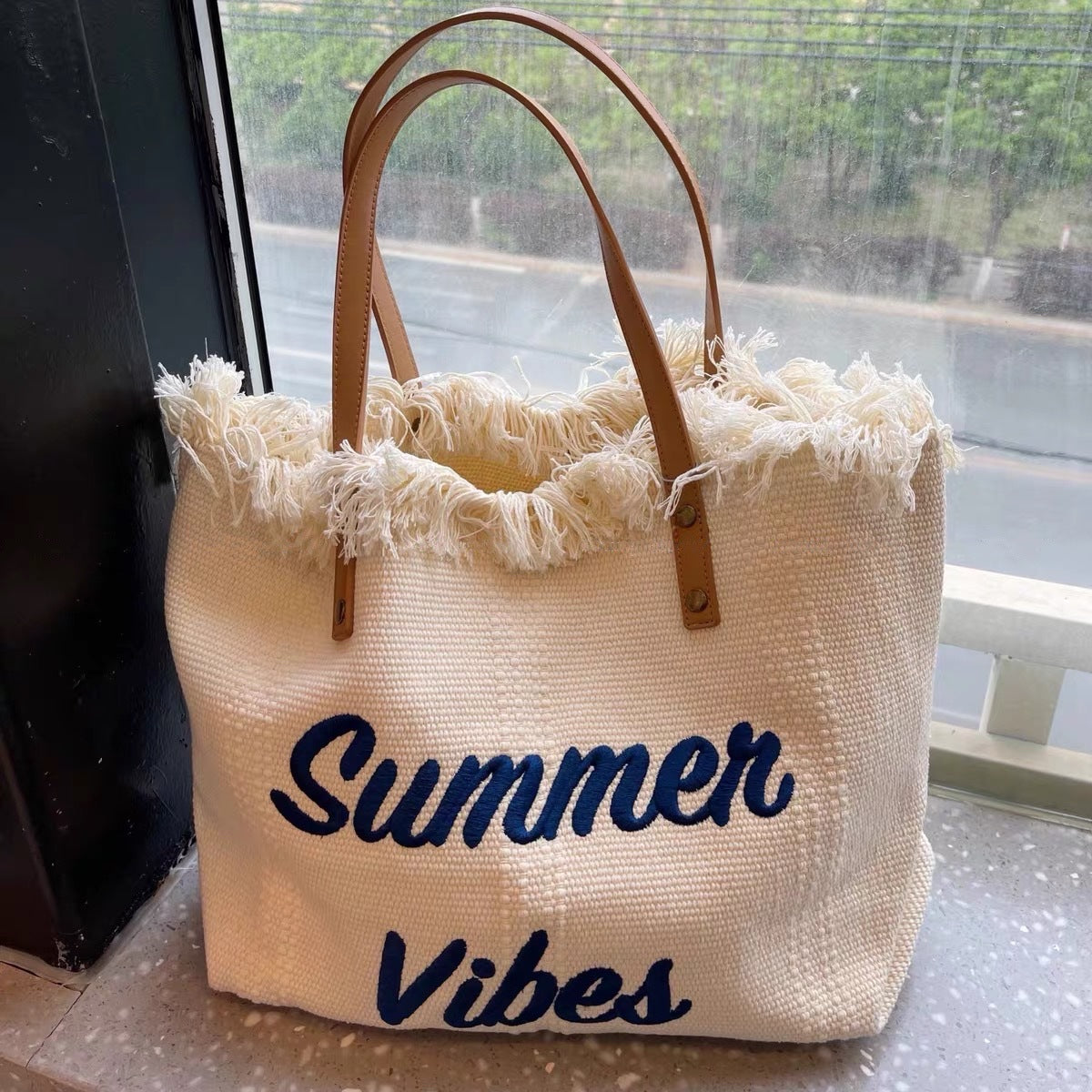 Large Capacity Canvas Tote Bag with Embroidered Letters