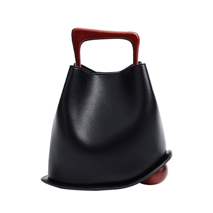 Top Handle Leather Bucket Bag (Wooden Handle)