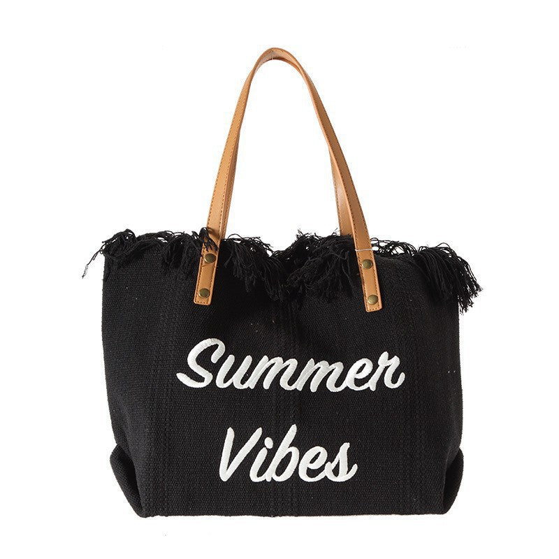 Large Capacity Canvas Tote Bag with Embroidered Letters