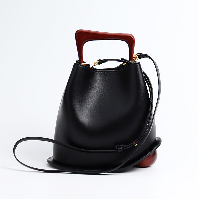 Top Handle Leather Bucket Bag (Wooden Handle)