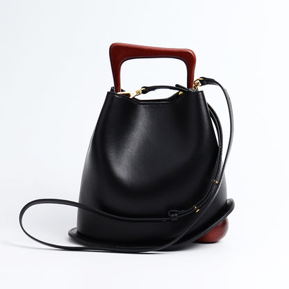 Top Handle Leather Bucket Bag (Wooden Handle)
