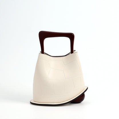 Top Handle Leather Bucket Bag (Wooden Handle)